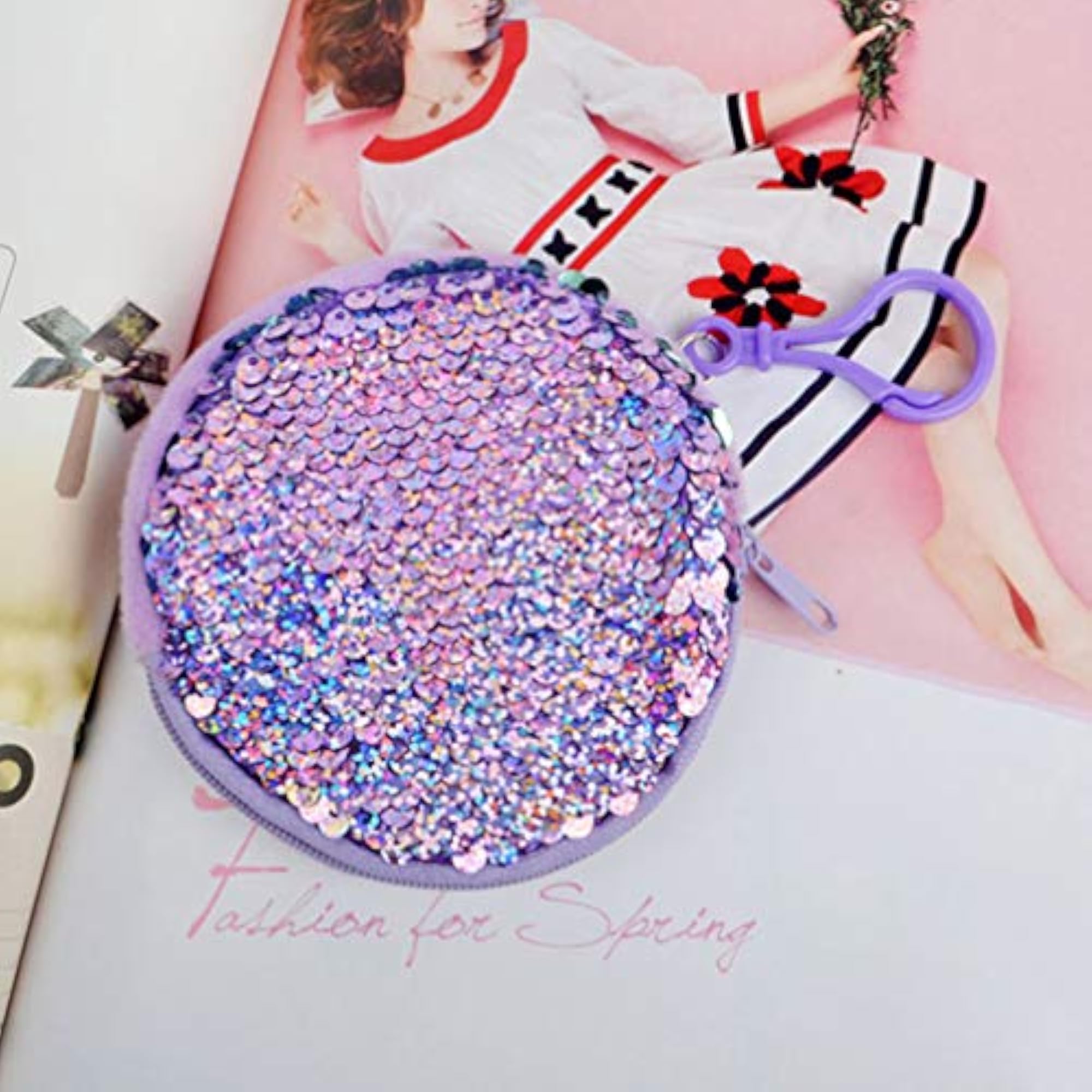 Mini Coin Purse with Keychain, Glitter Sequin Pouch, 6PCS